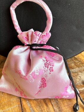 Pink Floral Satin Drawstring Handbag